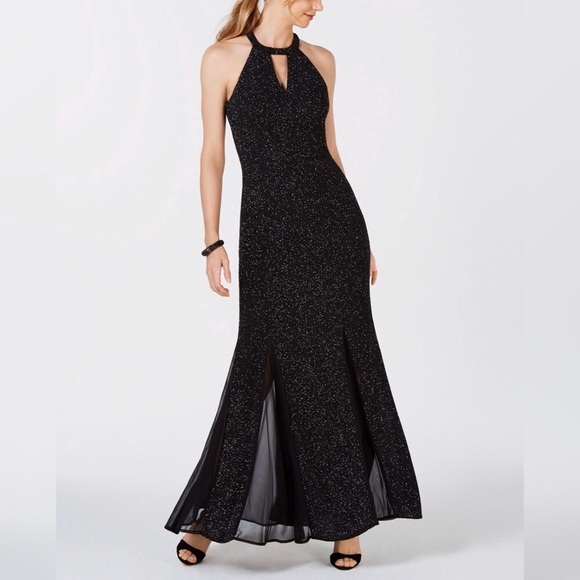 NE Nightway Black + Silver Glitter Knit Teardrop Gown - Picture 2 of 7